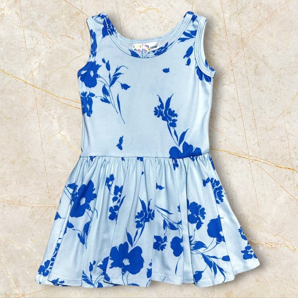 Dot Dot Smile Light Blue With Flowers Tank Dress Baby Girls 12 - 24 Months Blue